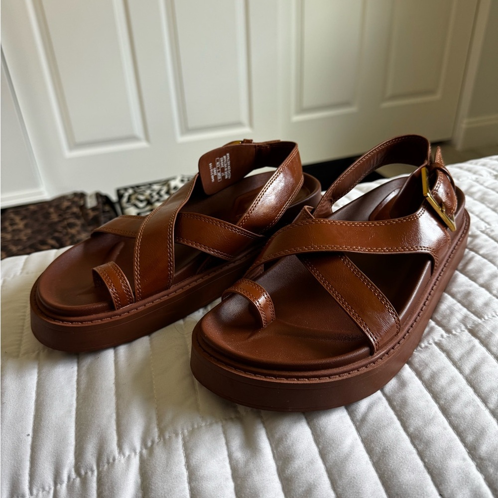 Zara Brown Leather Crisscross Strap Sandals - Picture 2 of 6